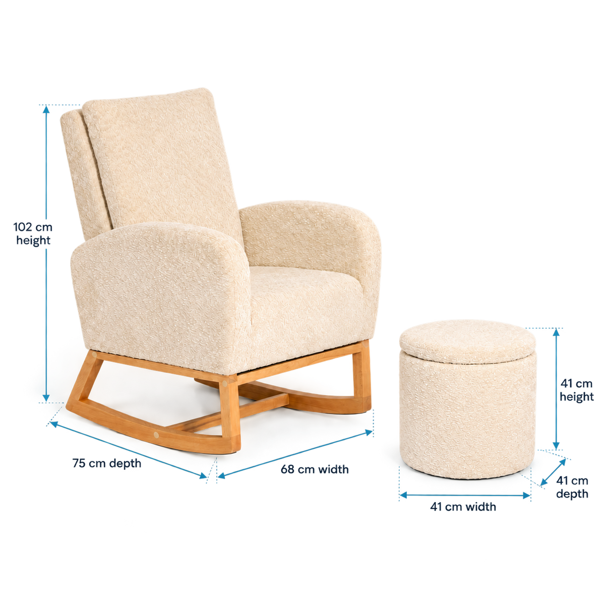 Cariboo Myla chair and Mylo ottoman dimensions