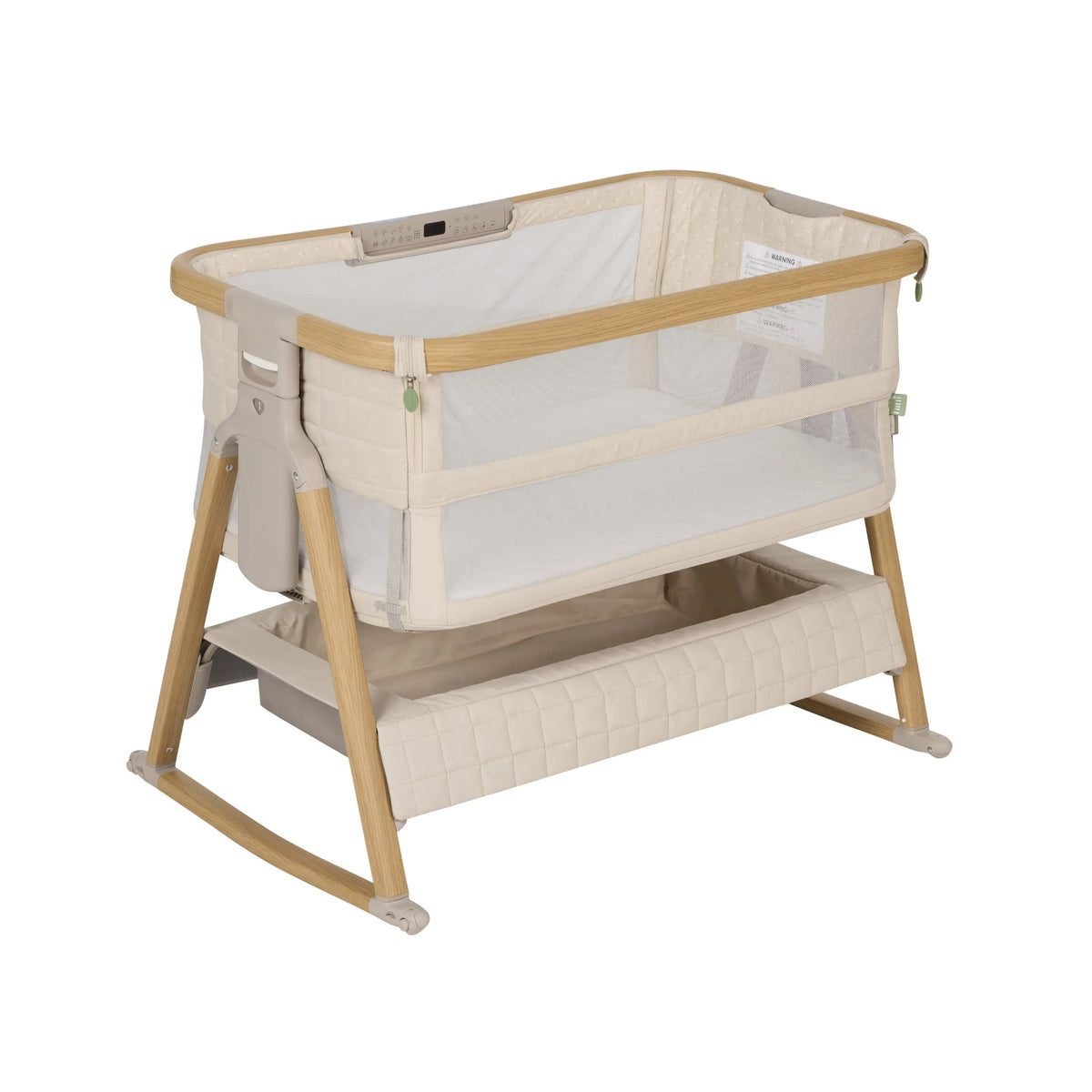CoZee Breeze Sense co sleeper bassinet in Toasted Oak & Sand with rocking legs fitted