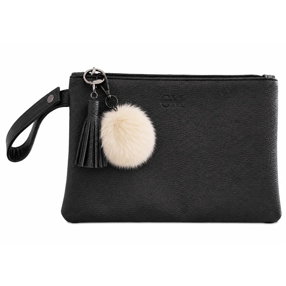 Coco Mae Cream bag charm on a Black Tassel Clutch