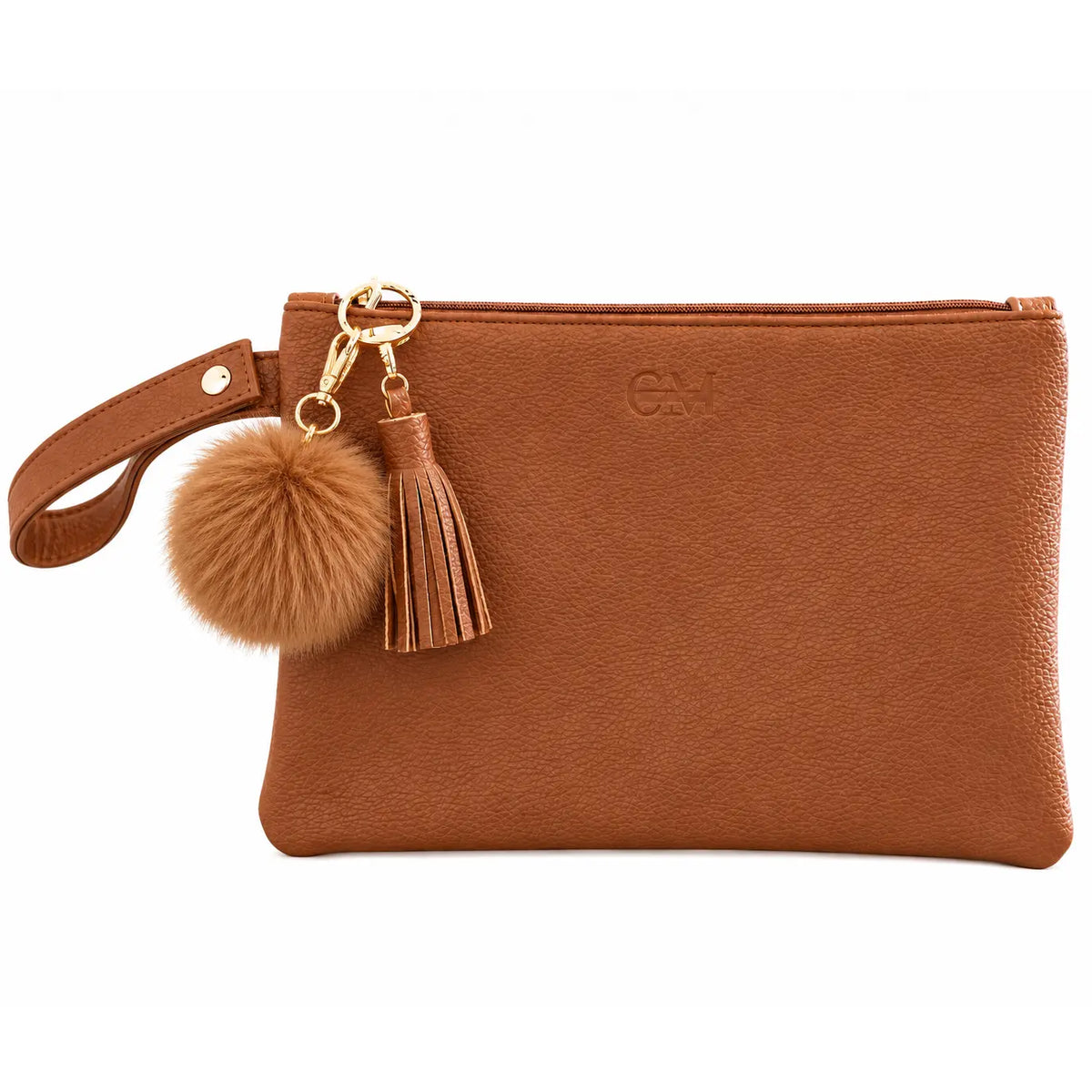 Coco Mae Coco Brown bag charm on a Tan Tassel Clutch