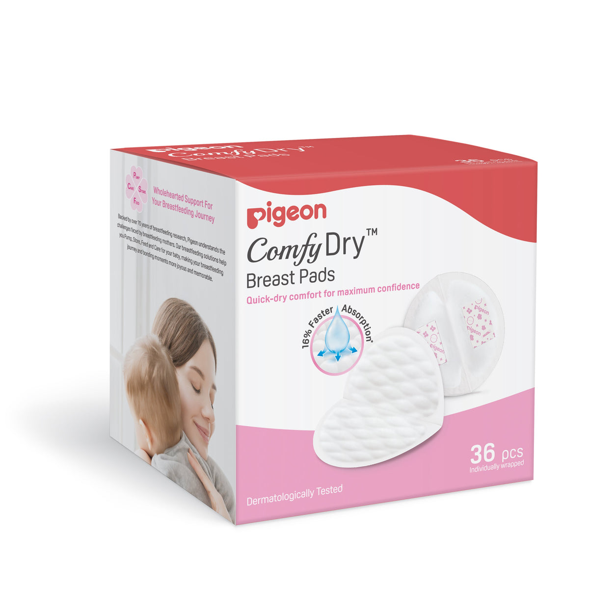 Pigeon ComfyDry disposable breast pads 36 pack, angled