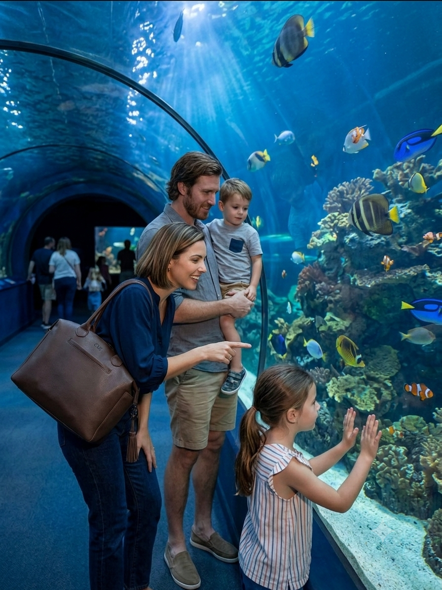 Family at the aquarium with the Coco Mae Como tote in Coco Brown