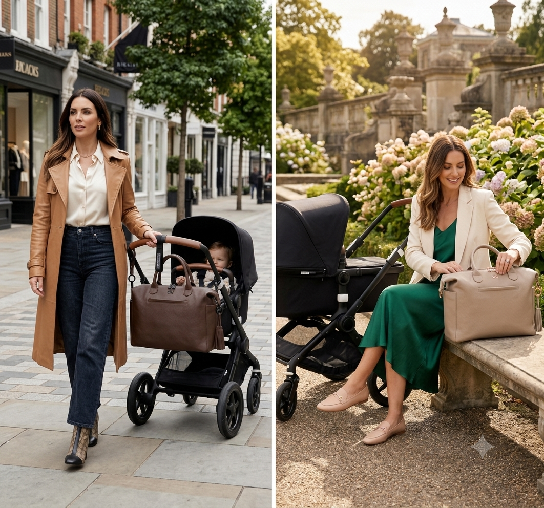 Coco Mae Como tote nappy bag with a pram, lifestyle