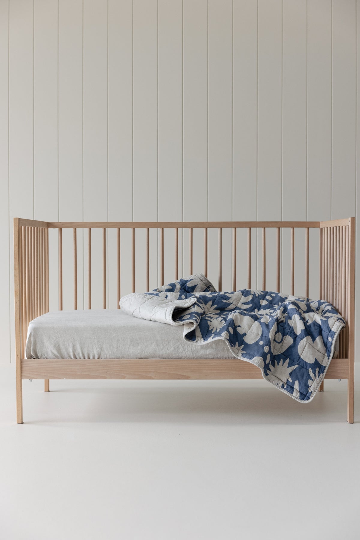 Linen Label rectangle toddler blanket and play mat in Denim Blue Print and Oat