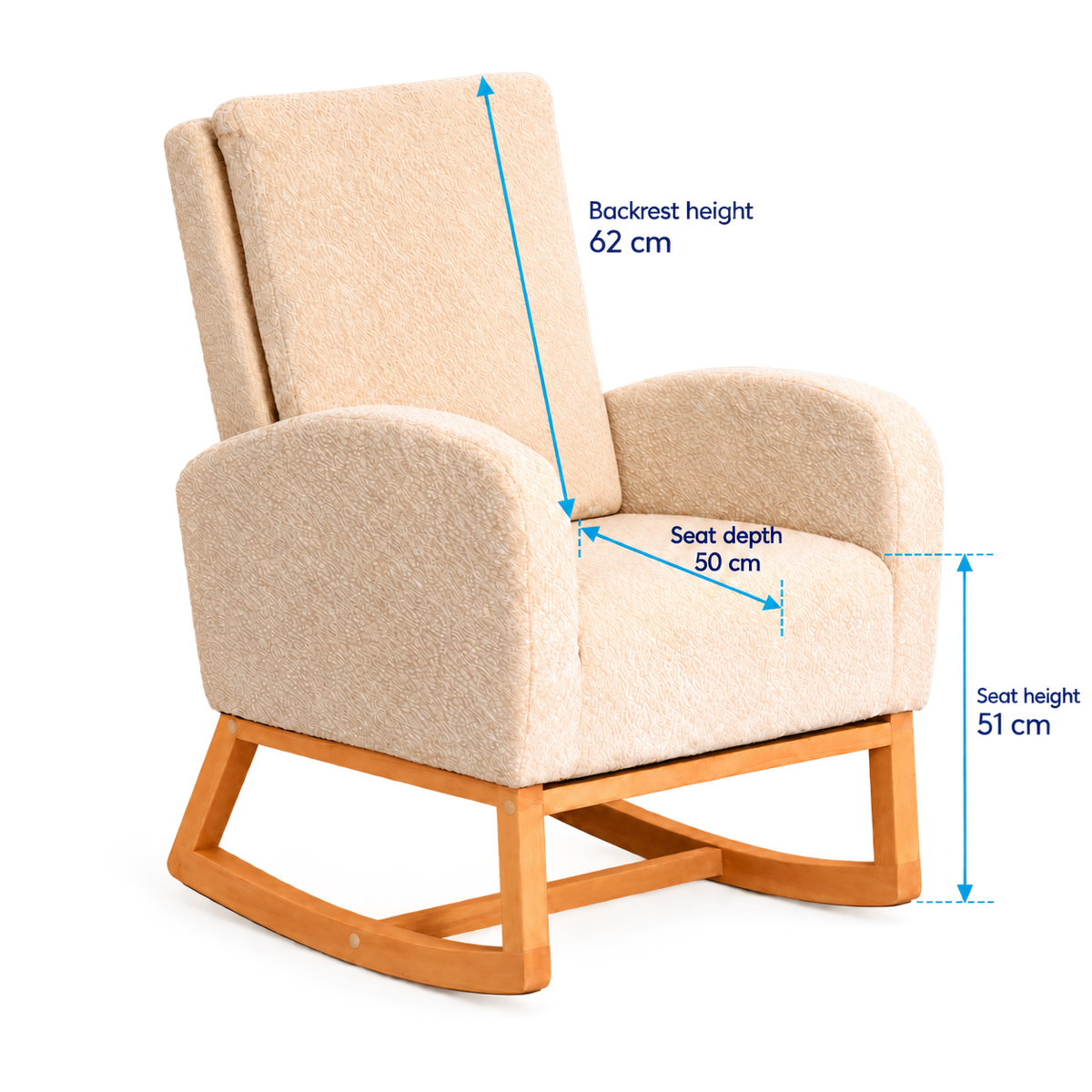 Cariboo Myla nursing chair seat height, seat depth and backrest dimensions
