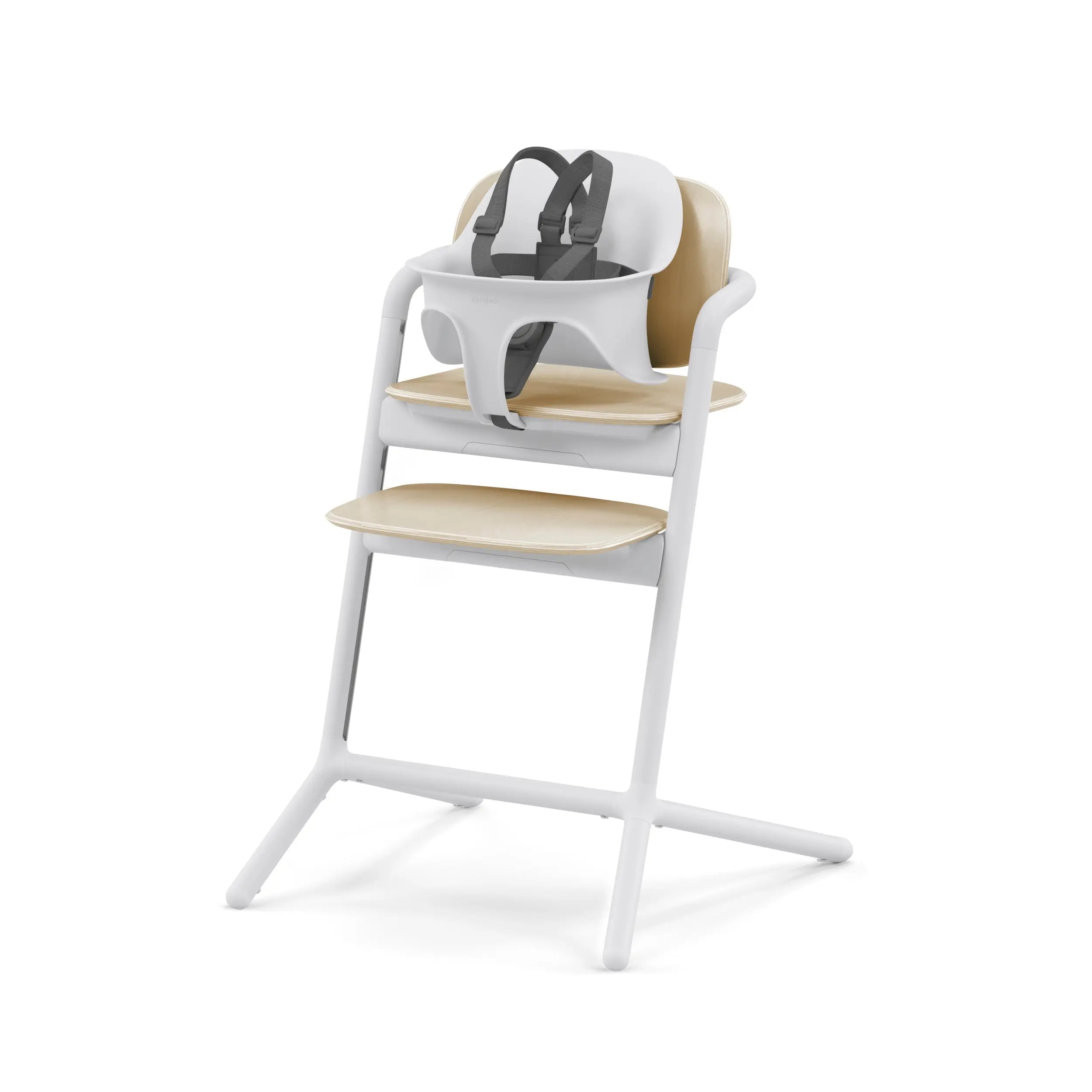 Front view of the CYBEX LEMO Chair with Baby Set and harness in Sand White