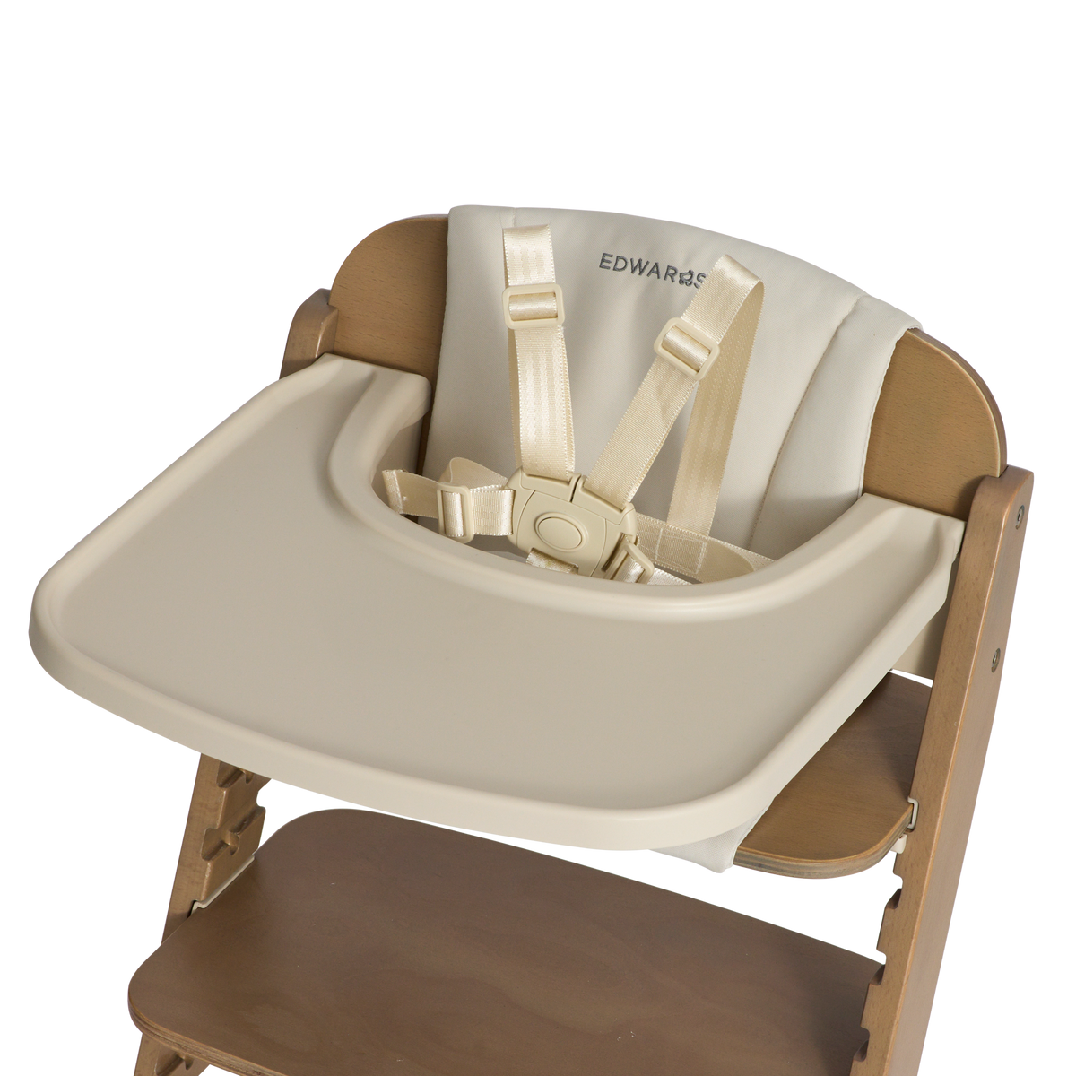 Cariboo Frankie Highchair Walnut top view showing removable tray, harness and cushioned seat