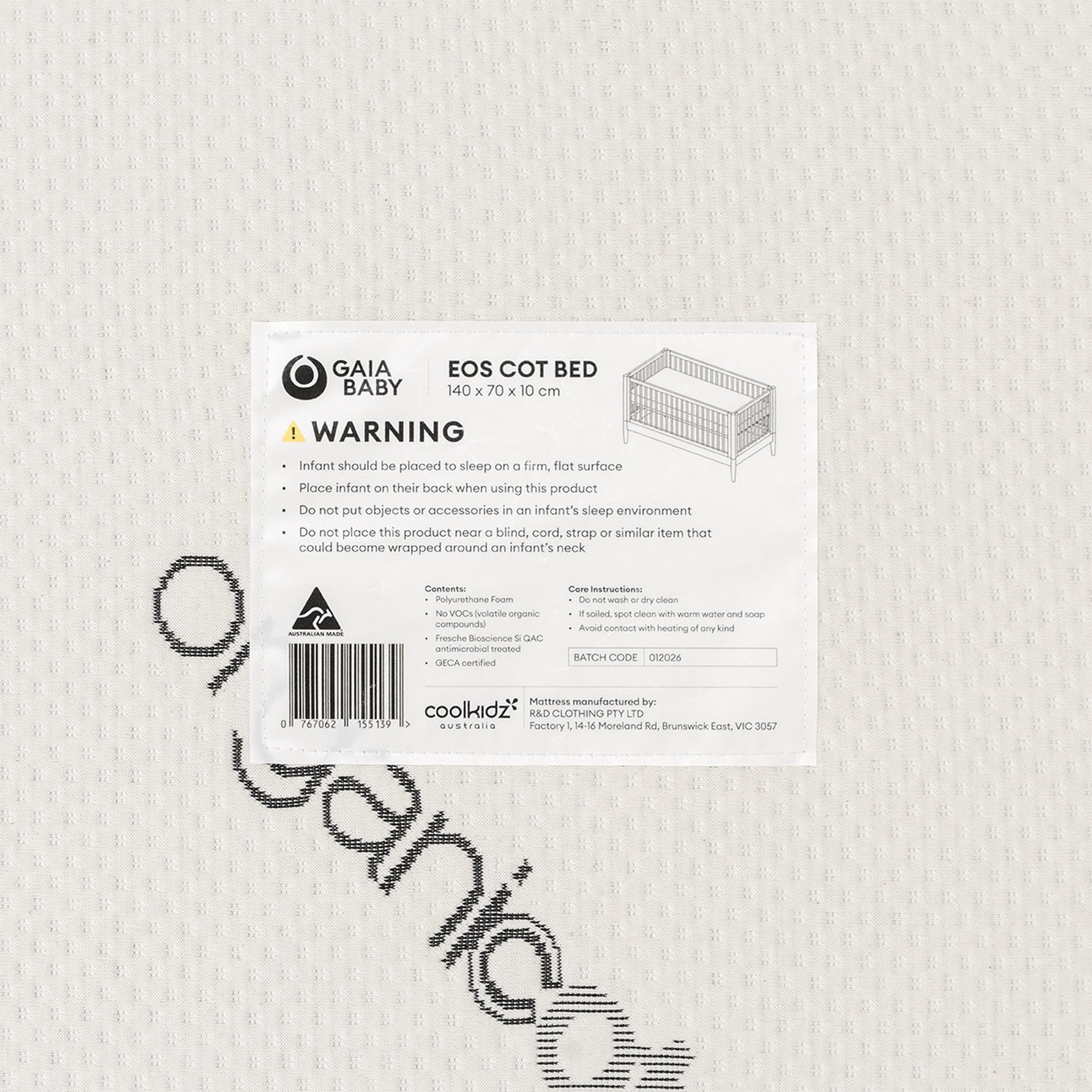 Gaia Eos Cot Mattress — close-up of breathable organic cotton removable cover