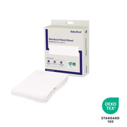 Babyrest Bamboo Fitted Sheet in white retail packaging with certification icons, cot size