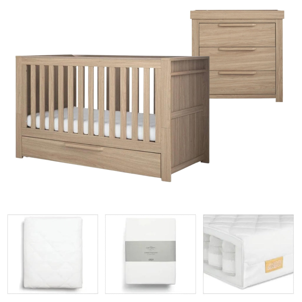 Mamas & Papas Franklin Light Oak 5 Piece Set with Cot Bed, Dresser Changer, Mattress, Fitted Sheets & Mattress Protector