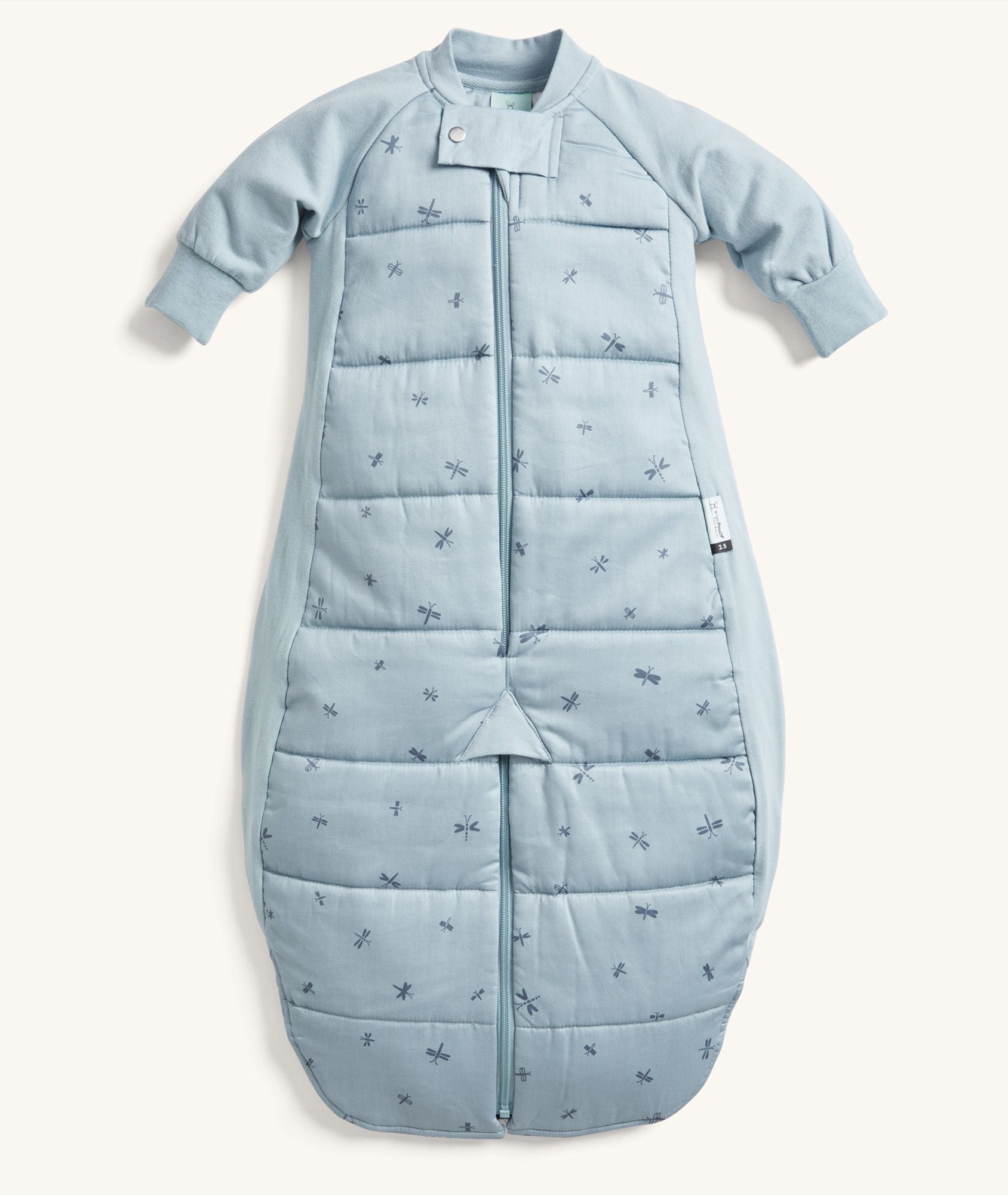 ergoPouch Sleep Suit Bag 2.5 TOG Dragonflies zipped closed in traditional sleeping bag mode