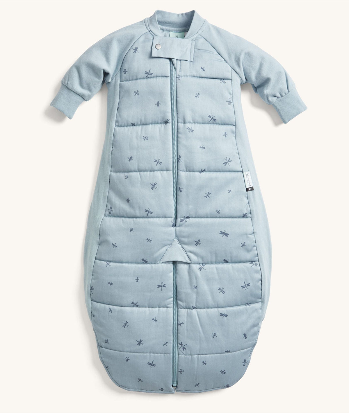 ergoPouch Sleep Suit Bag 2.5 TOG Dragonflies zipped closed in traditional sleeping bag mode