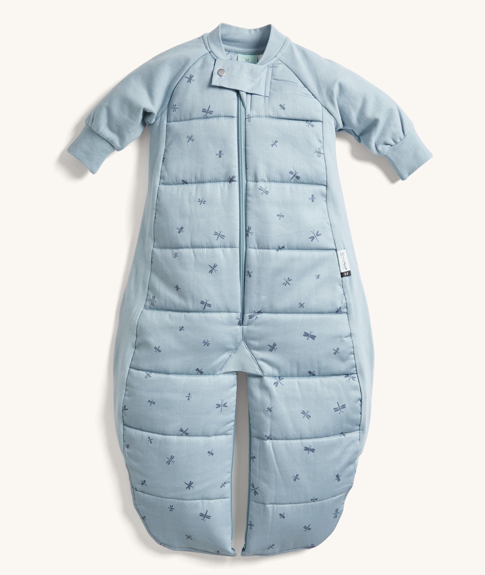 ergoPouch Sleep Suit Bag 2.5 TOG in Dragonflies print, shown in sleep suit mode with legs