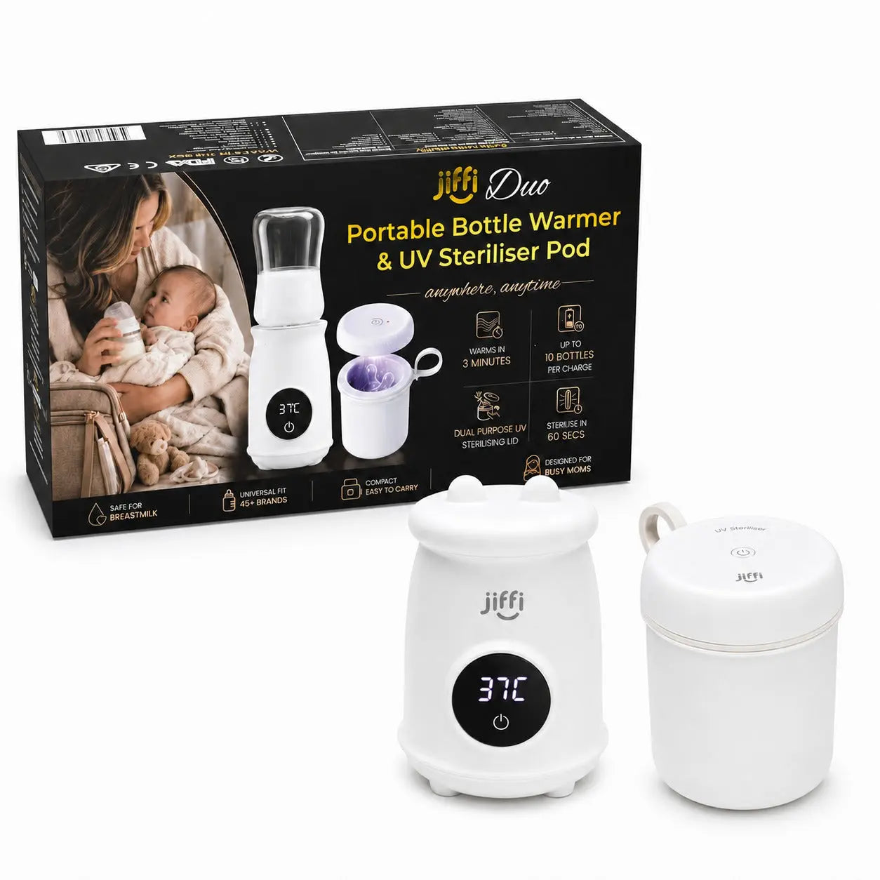 Jiffi DUO in use – portable bottle warmer and UV sterilising pod on the go