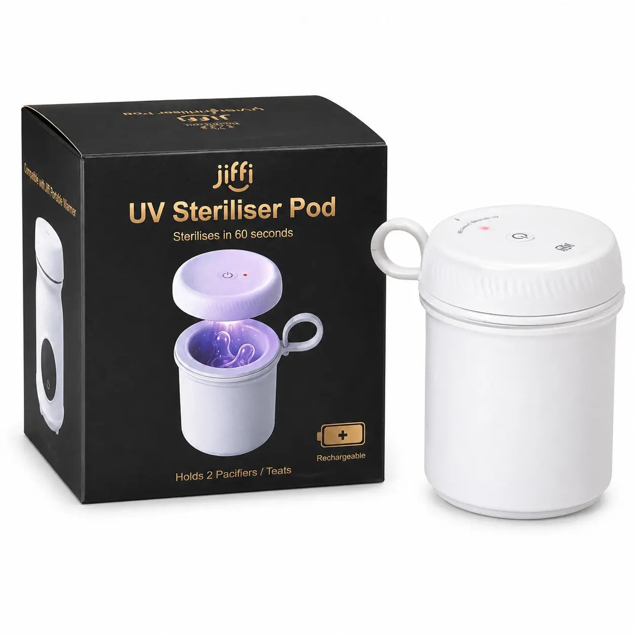Jiffi Sterilising Pod with UVC Sterilising Lid – 60-second germ kill for pacifiers and teats