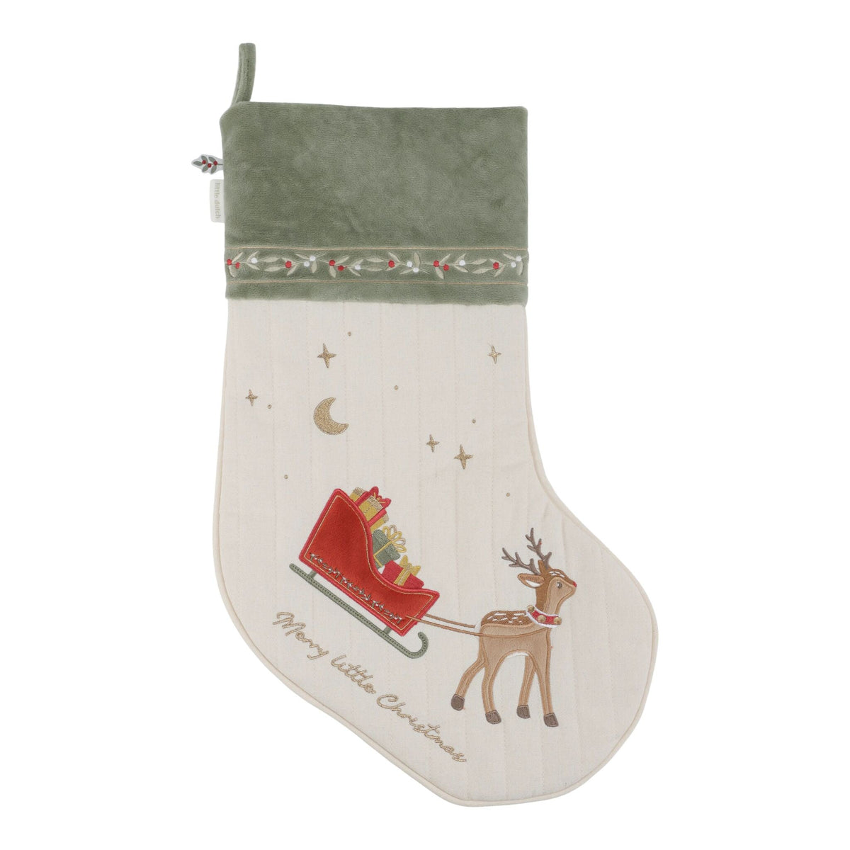 Little Dutch Christmas Stocking with embroidered reindeer and sleigh