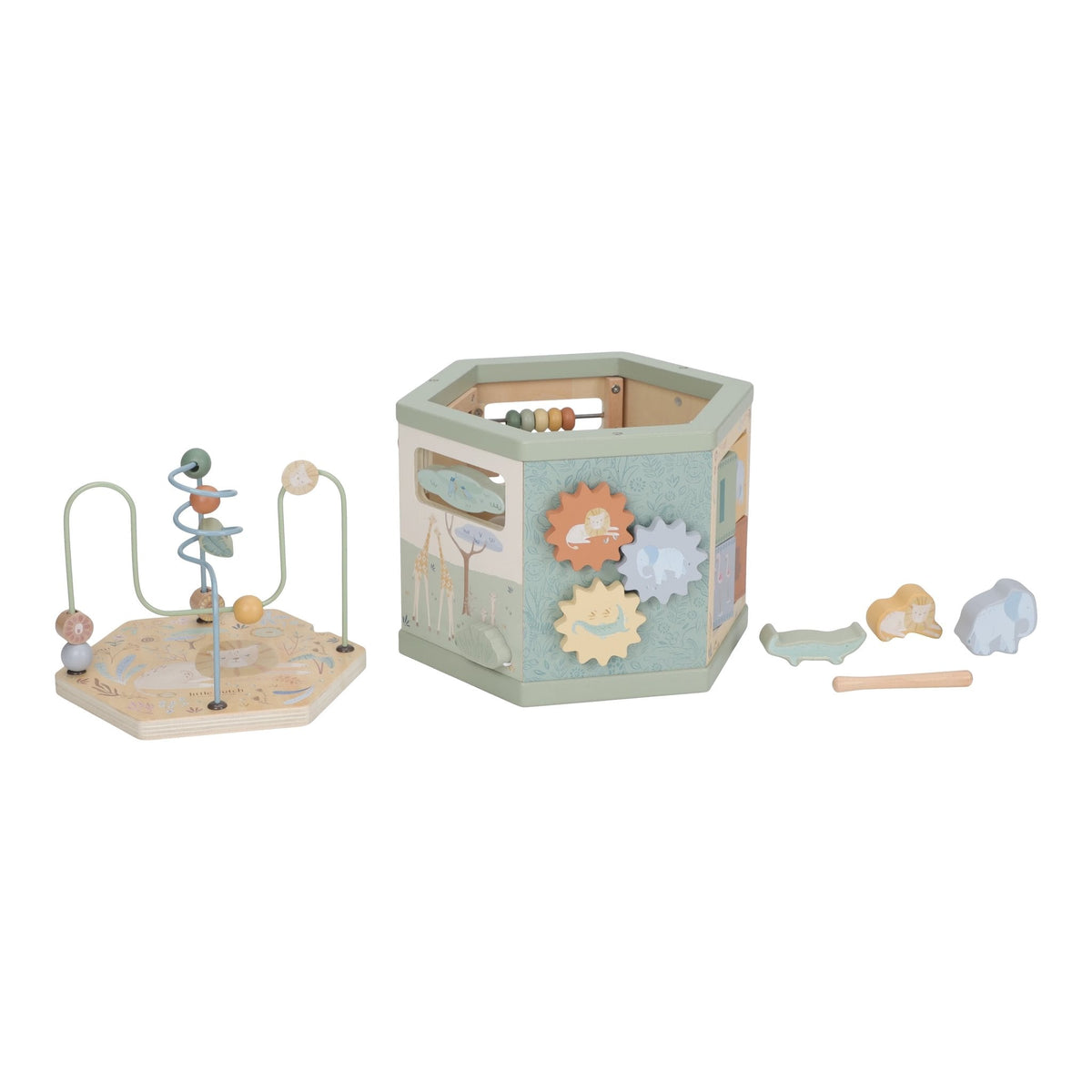 Toddler playing with the wooden activity hexagon