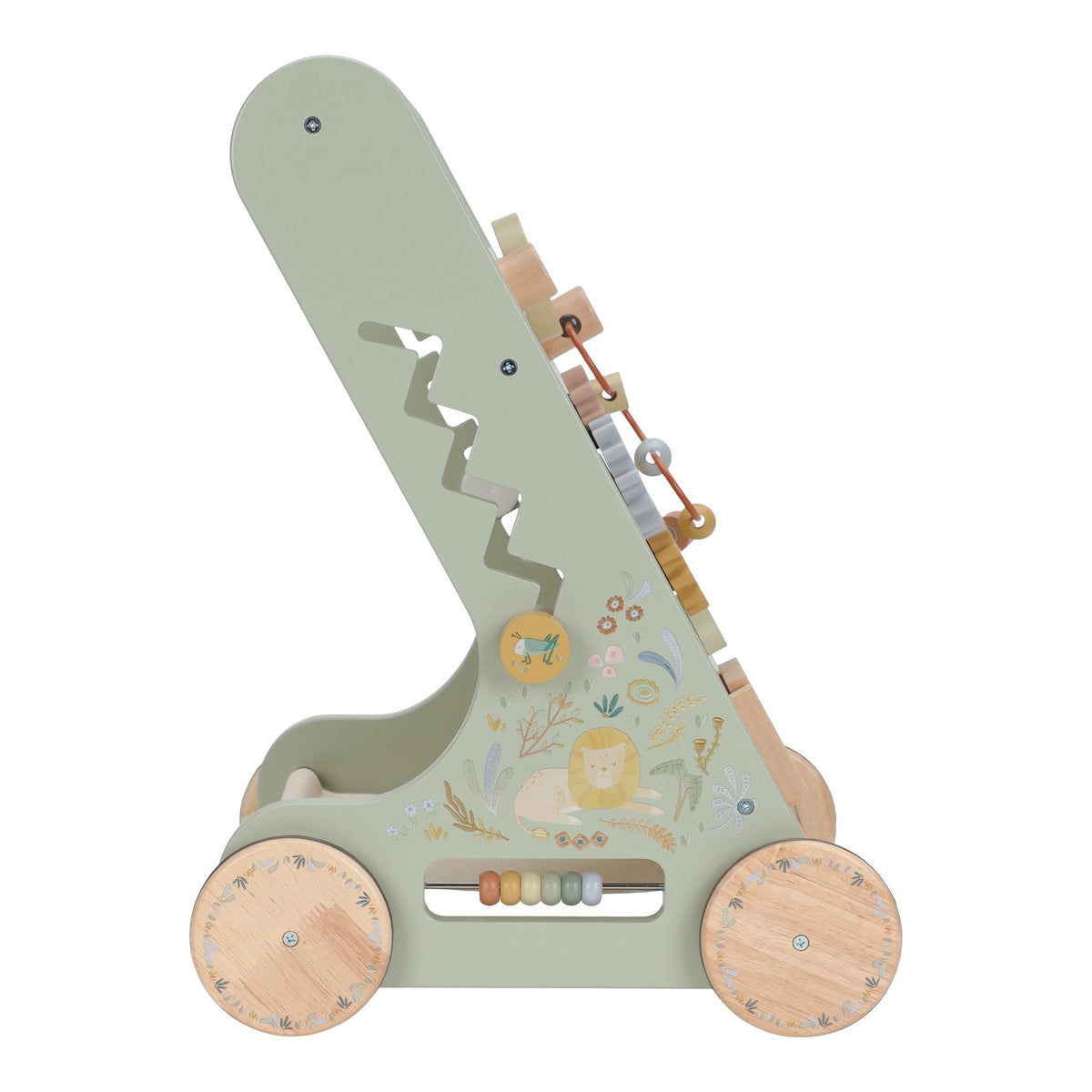 Baby taking first steps with the wooden walker