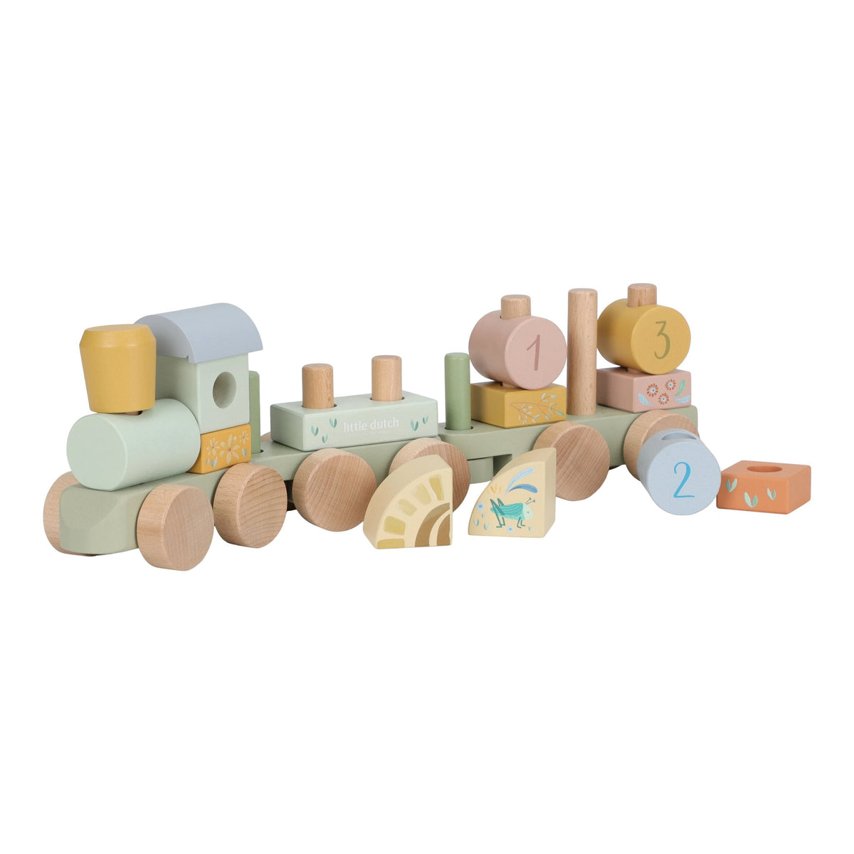 Toddler stacking the wooden block train