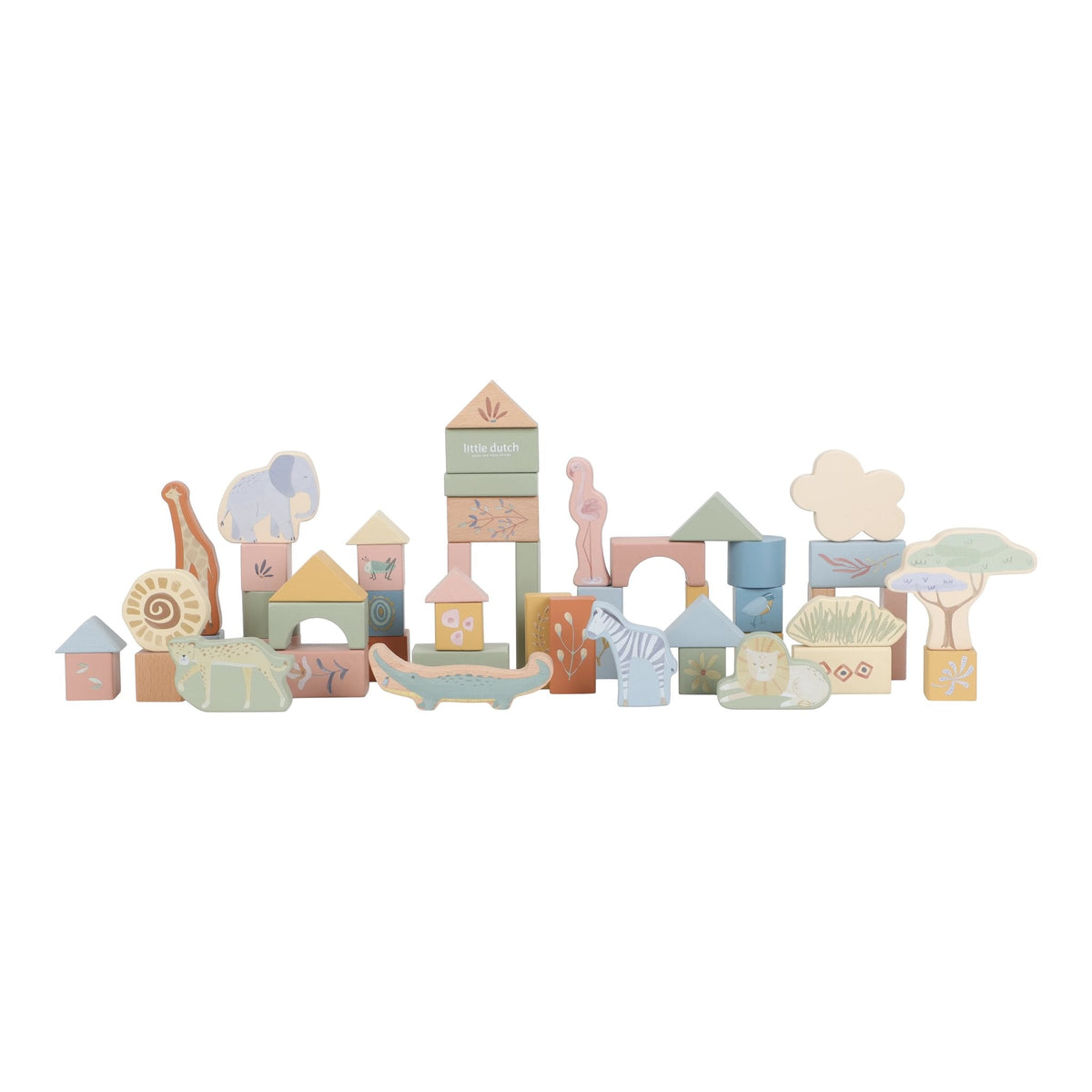 Little Dutch Safari Friends 50 piece Wooden Building Blocks