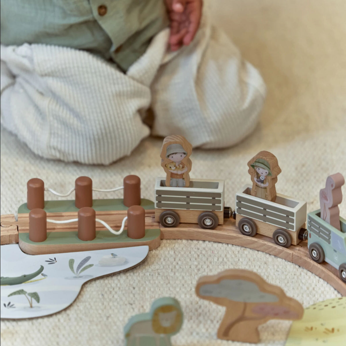 Wooden train set animals and rangers
