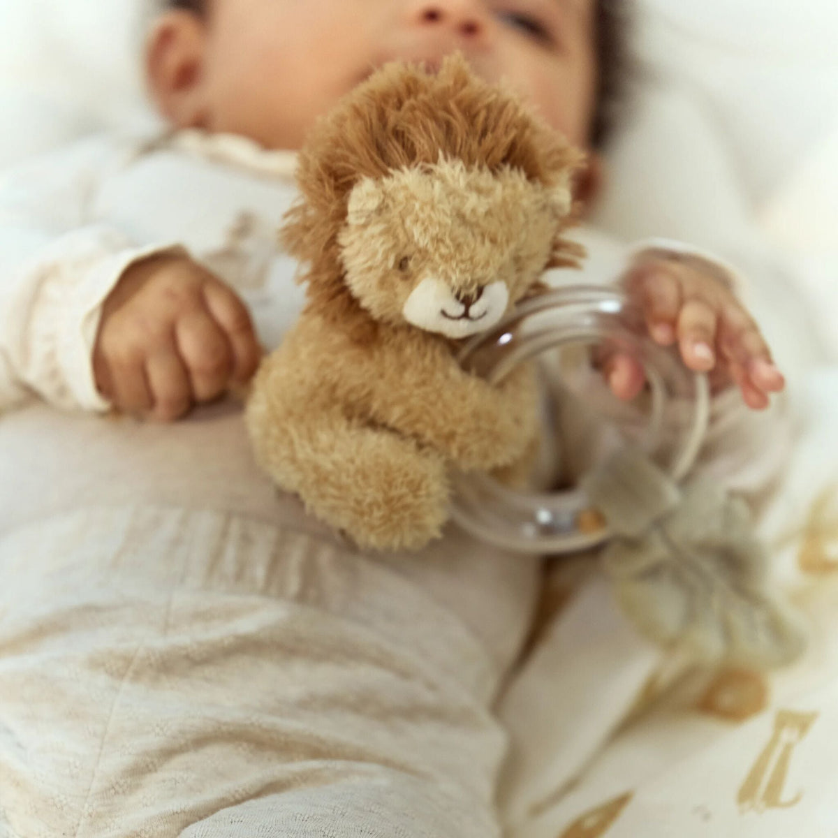 Lion ring rattle with coloured beads