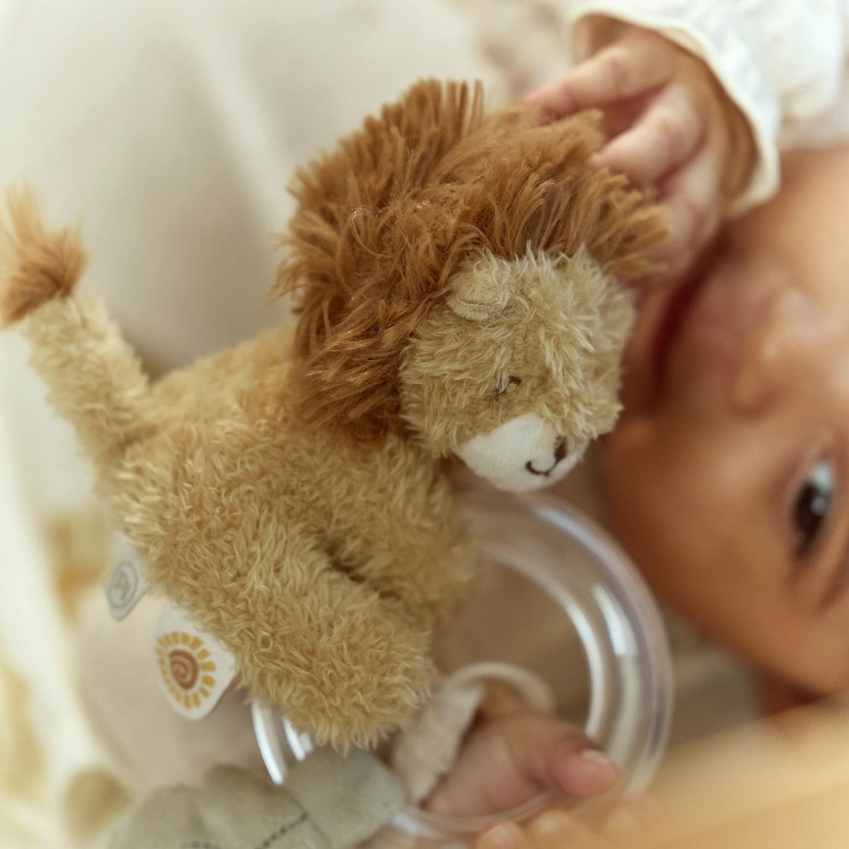 Baby holding the Little Dutch lion ring rattle