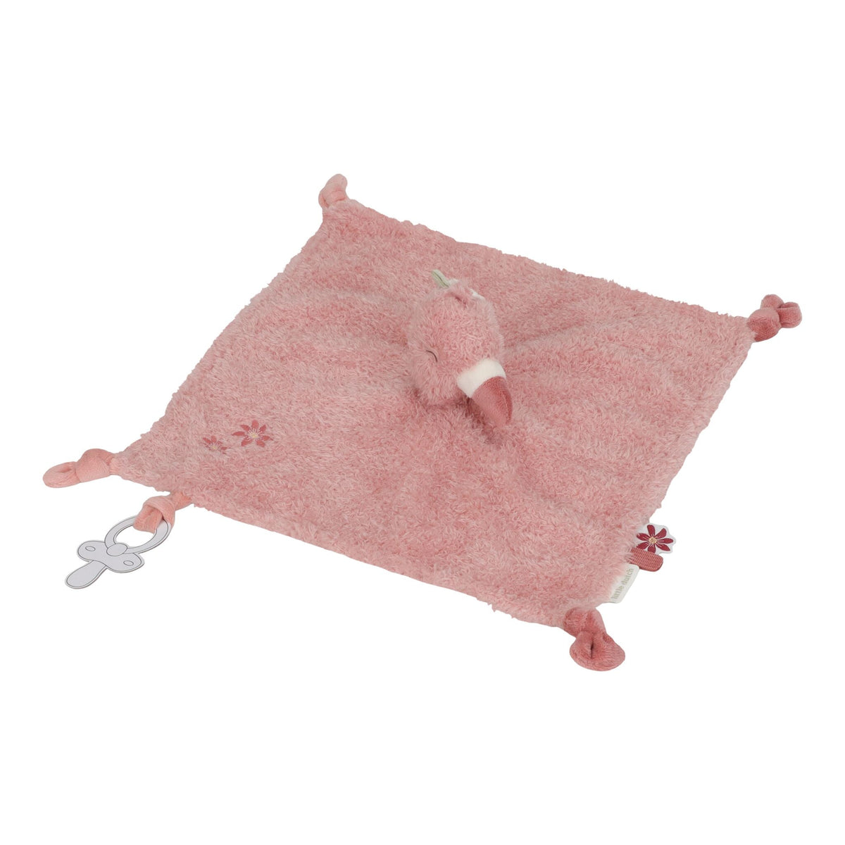 Baby holding the Little Dutch flamingo comforter