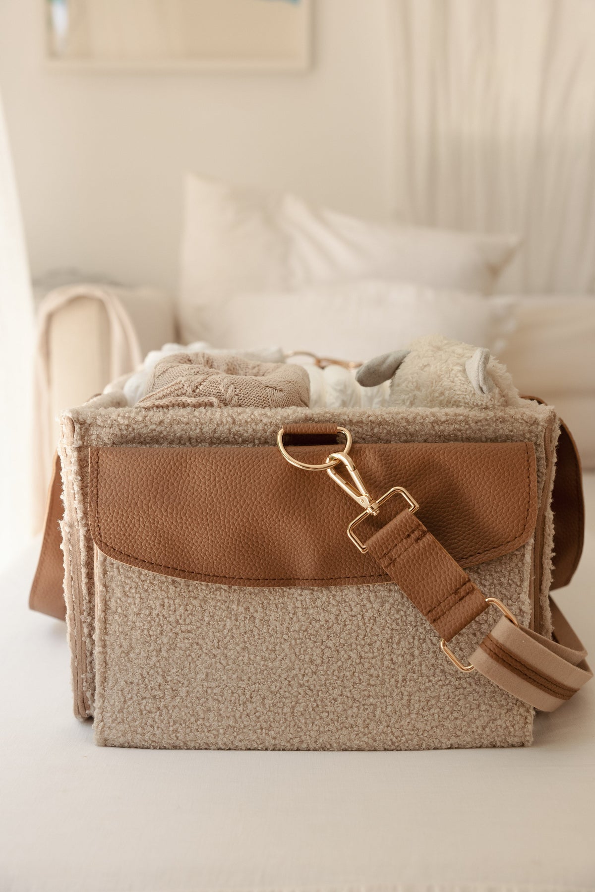 Linen Label XL Teddy Nappy Caddy in Nude Tan with vegan leather straps