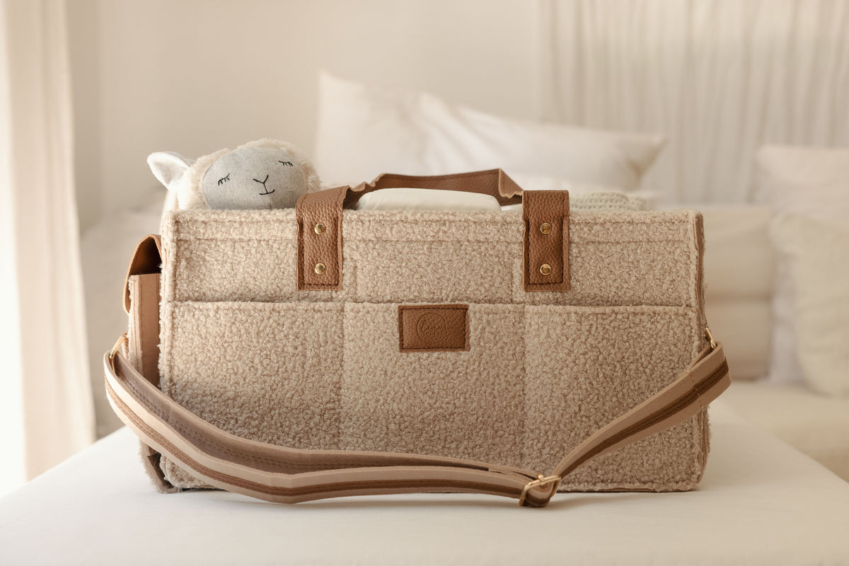 Linen Label XL Teddy Nappy Caddy in Nude Tan packed with nursery supplies