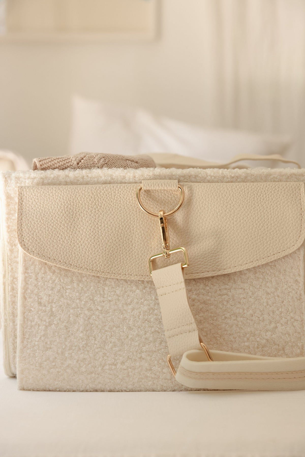 Linen Label XL Teddy Nappy Caddy in Snow with off-white vegan leather straps