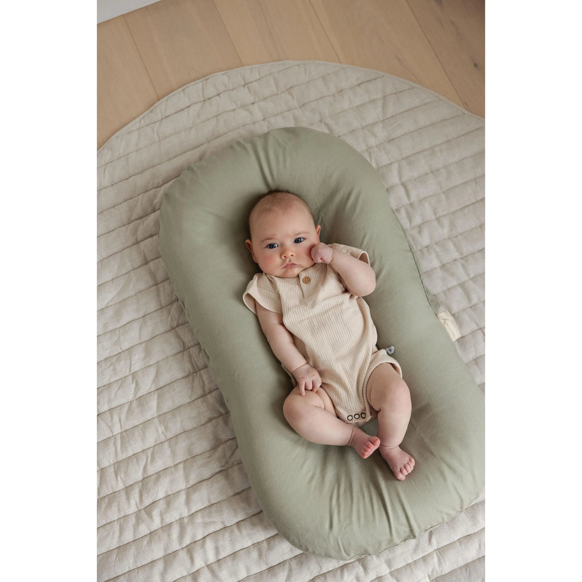 Linen Label baby lounger nest with Soft Sage pure linen cover