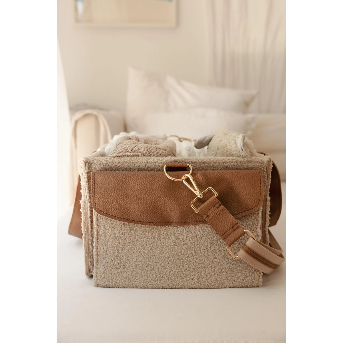 Linen Label XL Teddy Nappy Caddy in Nude Tan with vegan leather straps