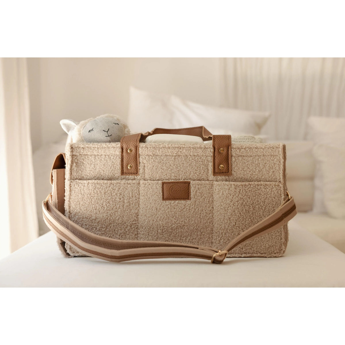 Linen Label XL Teddy Nappy Caddy in Nude Tan packed with nursery supplies
