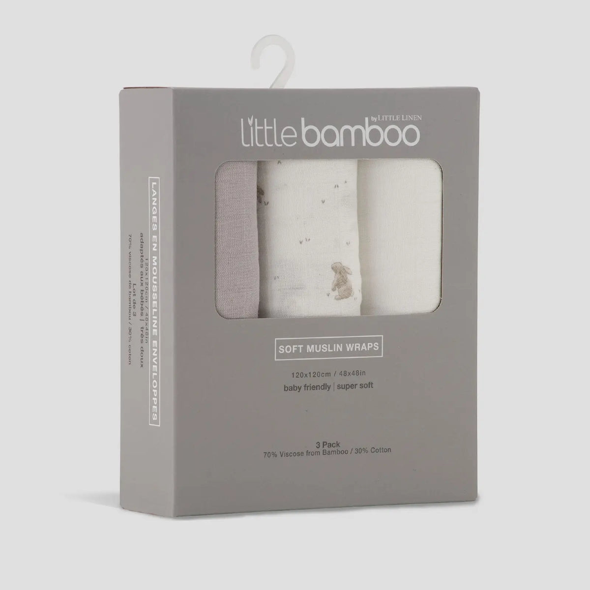 Stone Grey bamboo muslin wrap showing the acorn print