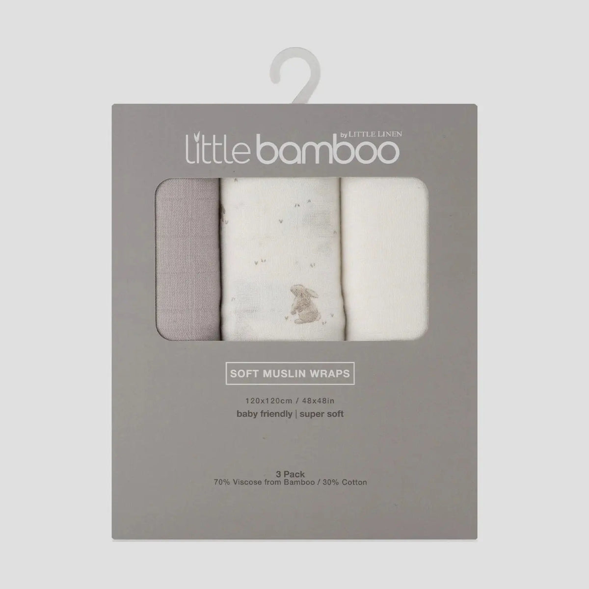 Little Bamboo Muslin Wraps 3 Pack in Stone Grey
