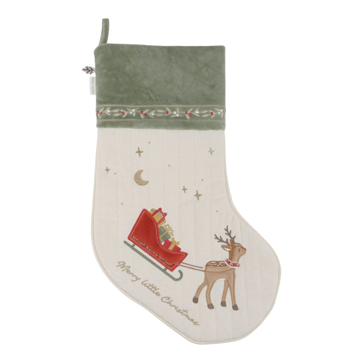 Little Dutch Christmas Stocking with embroidered reindeer and sleigh