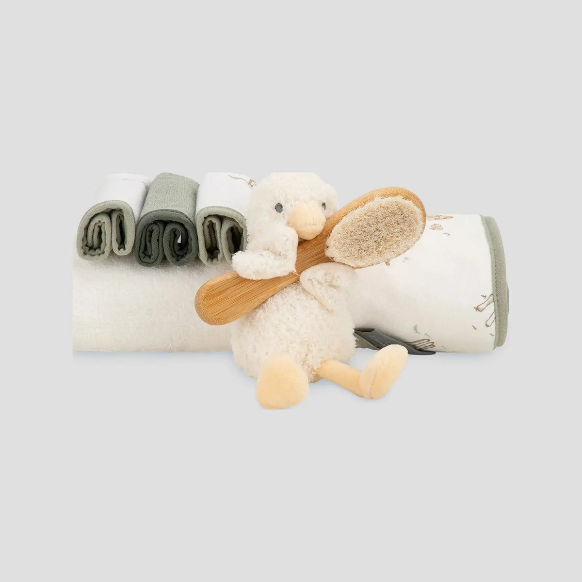 Little Linen Bath Gift Set in Fuzzy Duck with hooded towel, washers, plush duck and brush