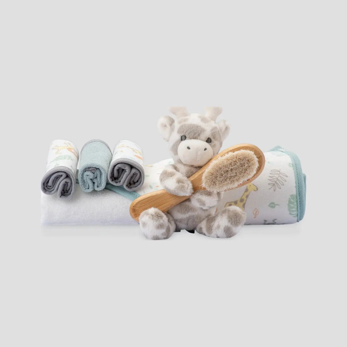 Little Linen Bath Gift Set in Savanna Giraffe with hooded towel, washers, plush giraffe and brush
