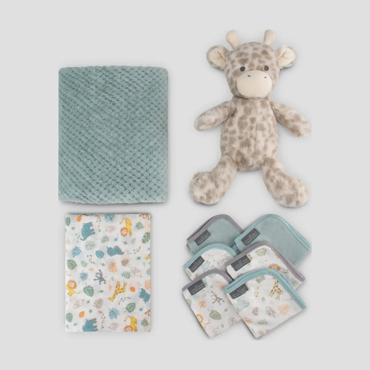 Contents of the Little Linen Savanna Giraffe gift set