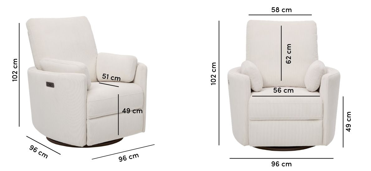 il Tutto Lola Electric Recliner Glider Coconut Corduroy dimensions diagram