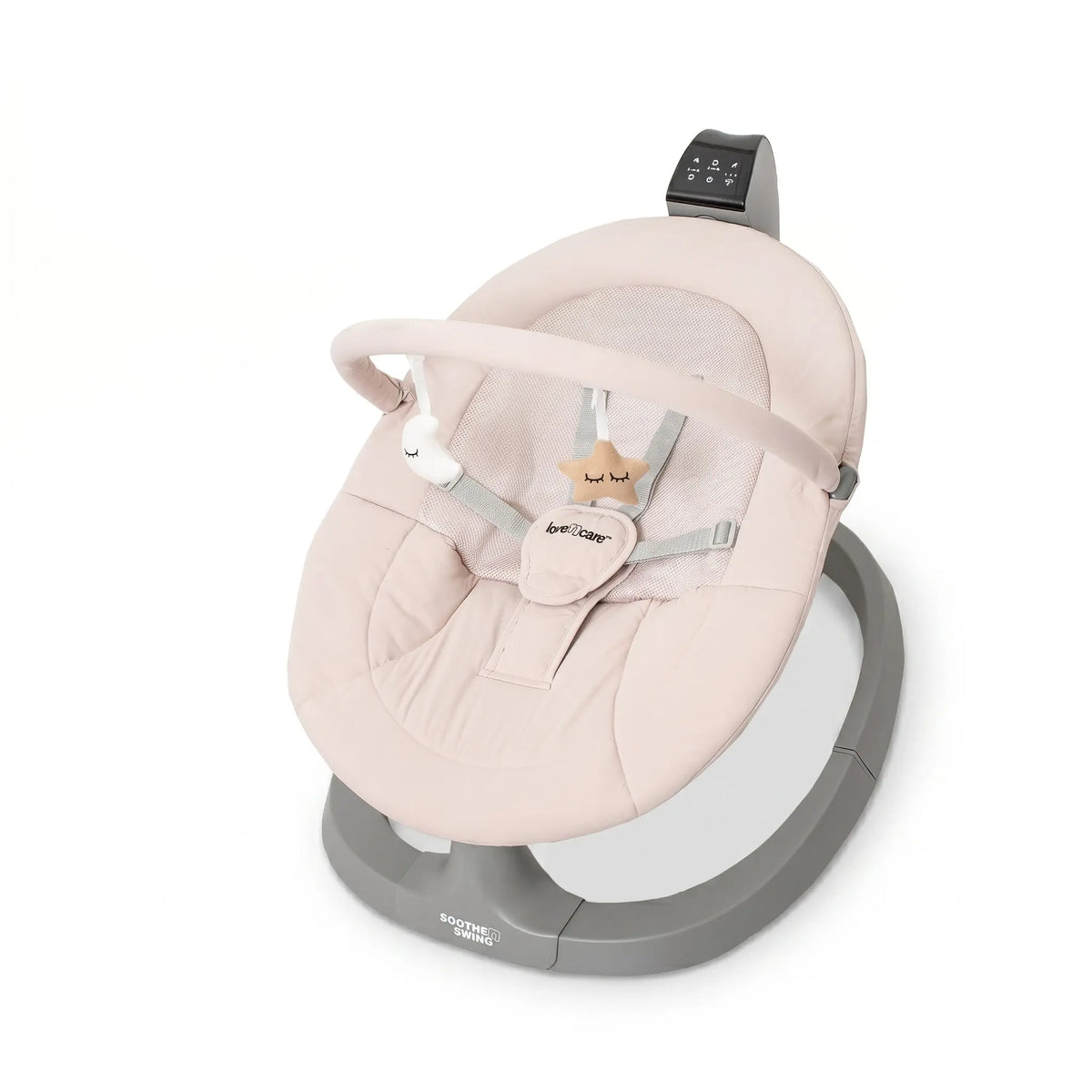 Detail of the breathable mesh seat and harness on the Love N Care Soothe N Swing