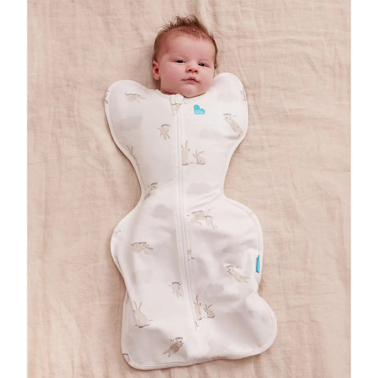 Love to Dream Swaddle Up 1.0 TOG Cotton White Cloud Bunnies — front view of swaddle