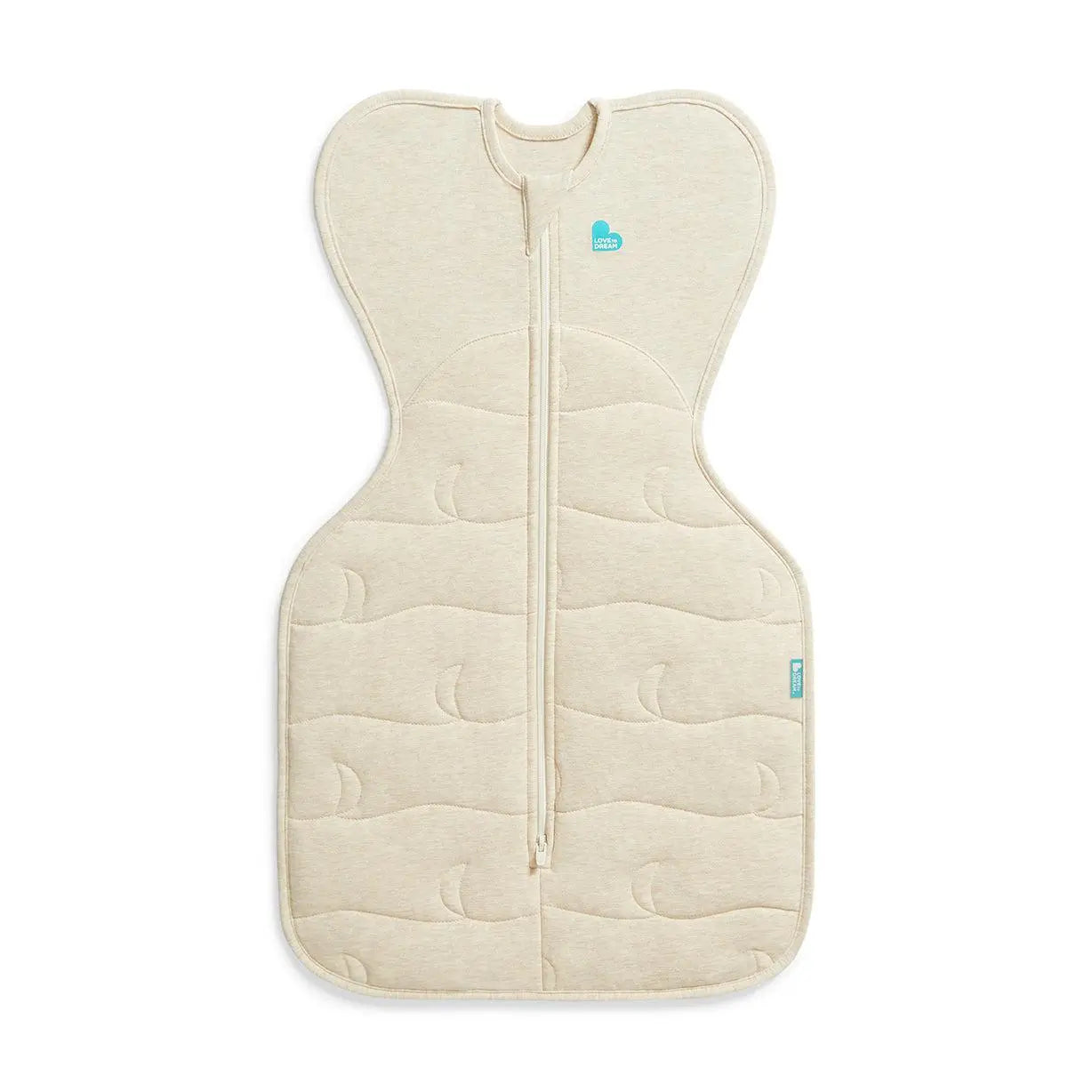 Love to Dream Swaddle Up 3.5 TOG Cotton showing ARMS UP position for cold room sleep