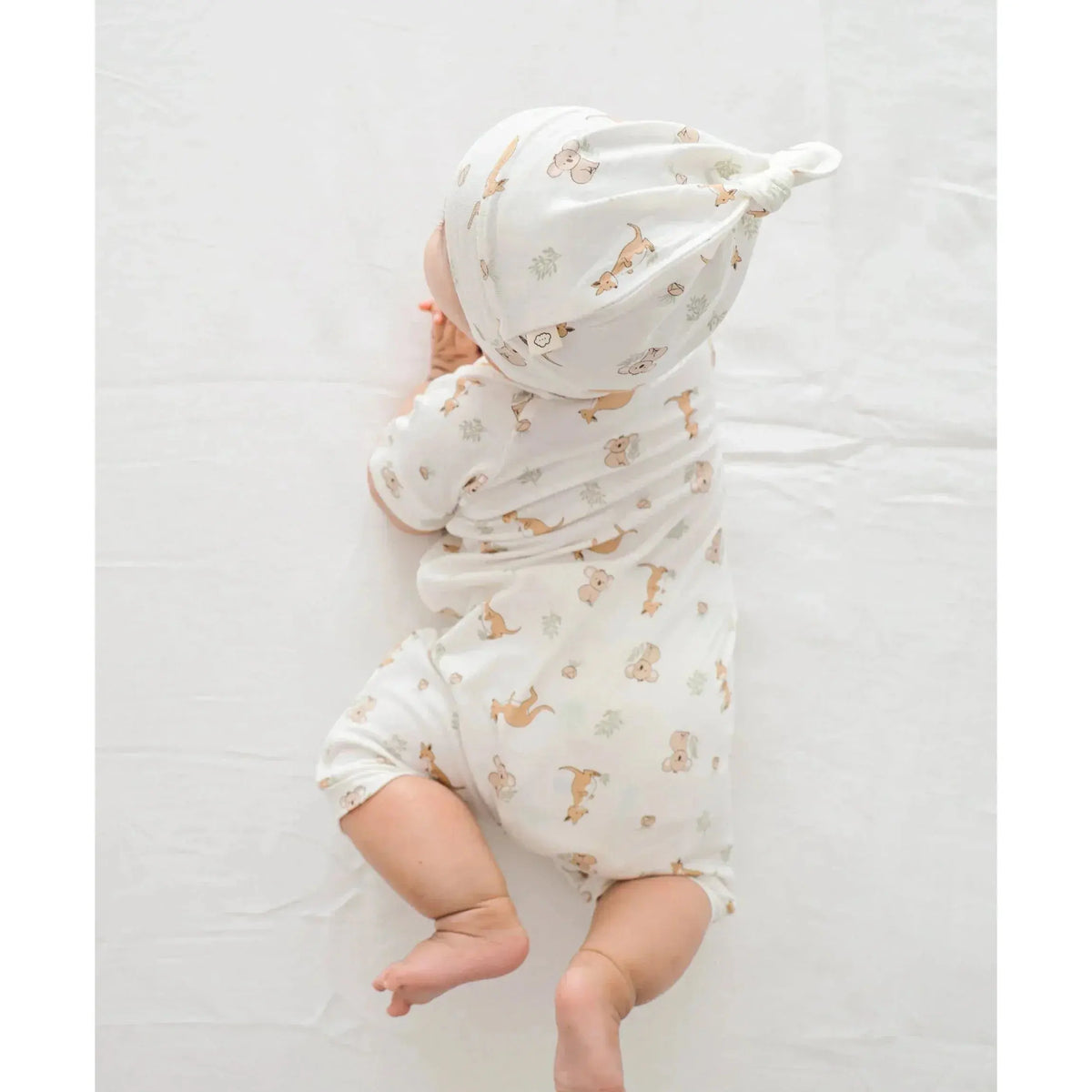 Lummi in Colour bamboo zip romper in the Kangaroo and Koala print