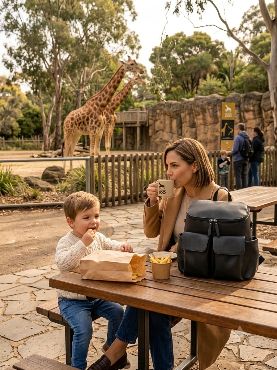 Coco Mae Lyon Black nappy bag on a family day out