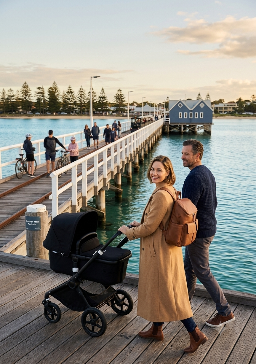 Mum wearing the Coco Mae Lyon nappy backpack in Tan while pushing a pram
