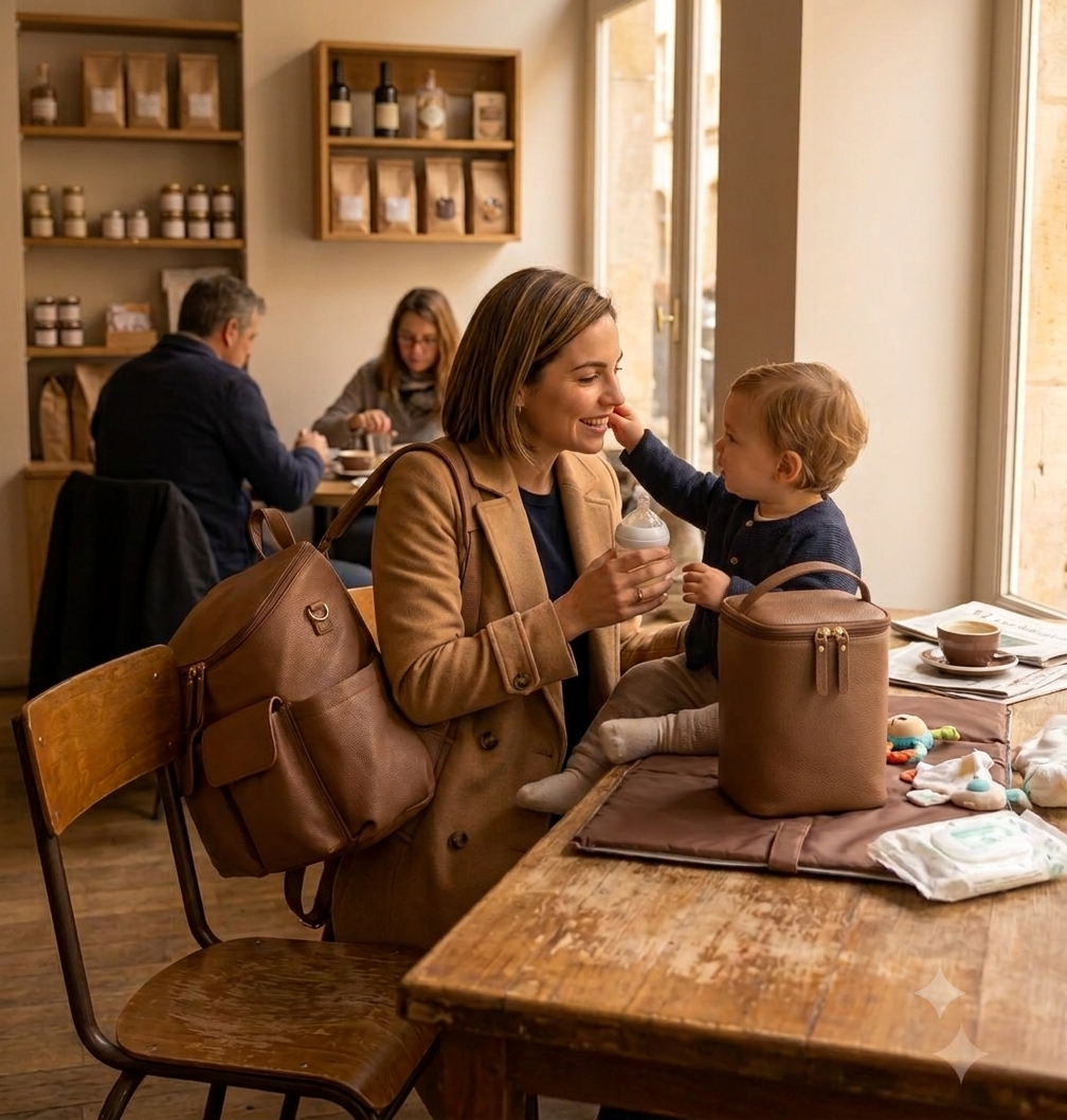 Coco Mae Lyon Tan nappy backpack at a cafe