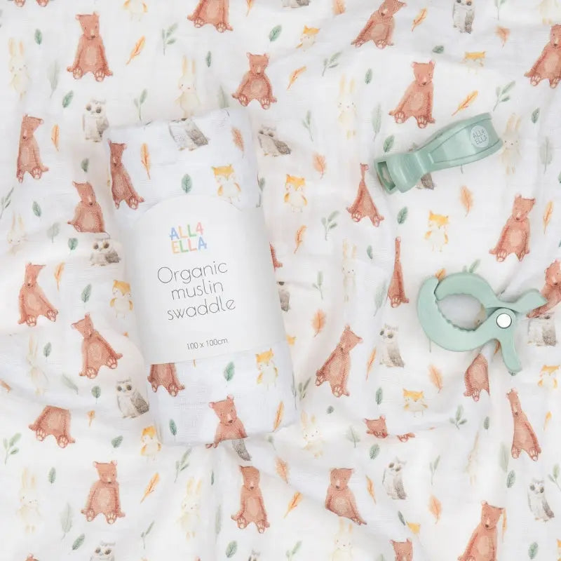 Organic muslin swaddle & 2 pram peg gift set - Forest Friends