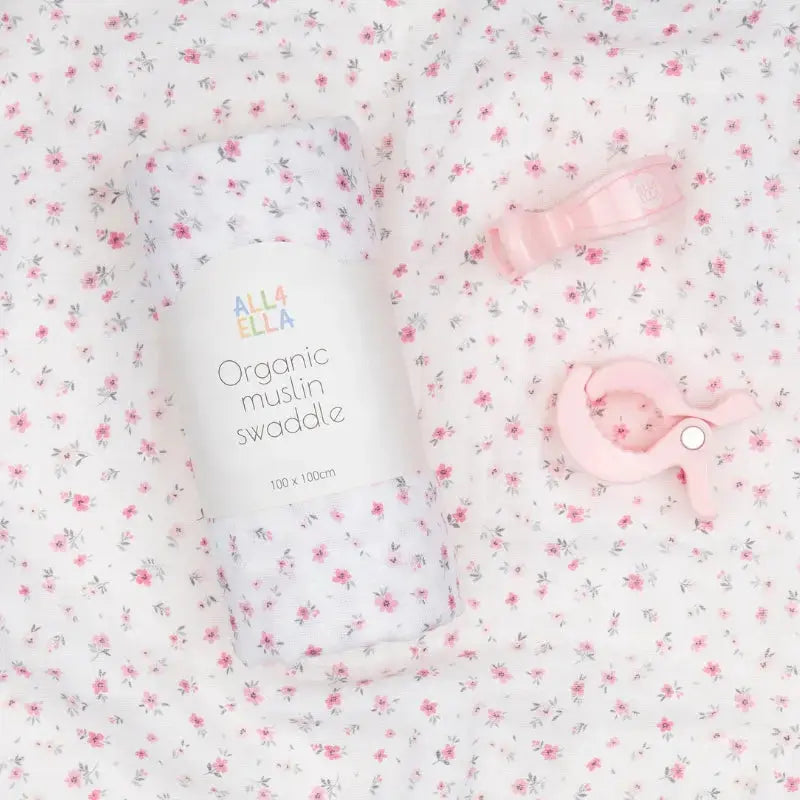 Organic muslin swaddle & 2 pram peg gift set - Pink Petals